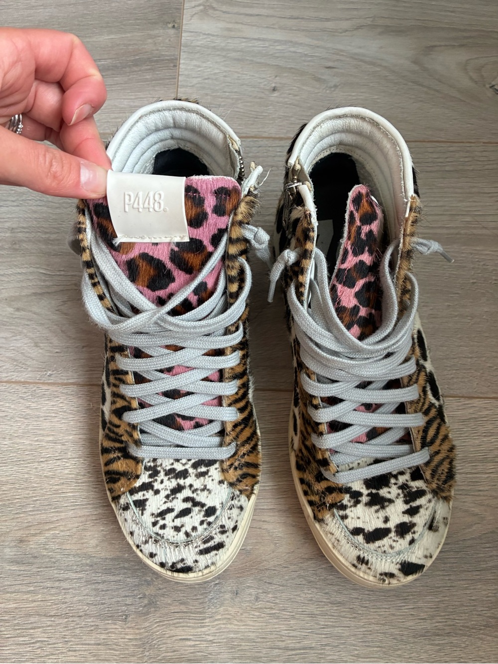 P448 Women's Leopard Patchwork High-Top Sneakers in Pink, Brown, White